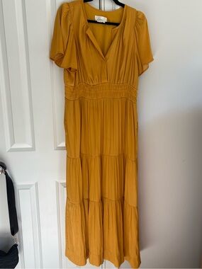 Anthropologie Mustard Tiered Flutter-Sleeve Maxi Dress